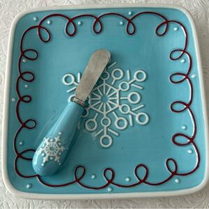 Hallmark Winter Plate w/Spreader Cheese Dish - Cracker/hummus Fun Snowflakes
